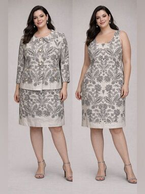 LOFT Gray Floral Jacquard Sheath Dress and Jacket Set 16